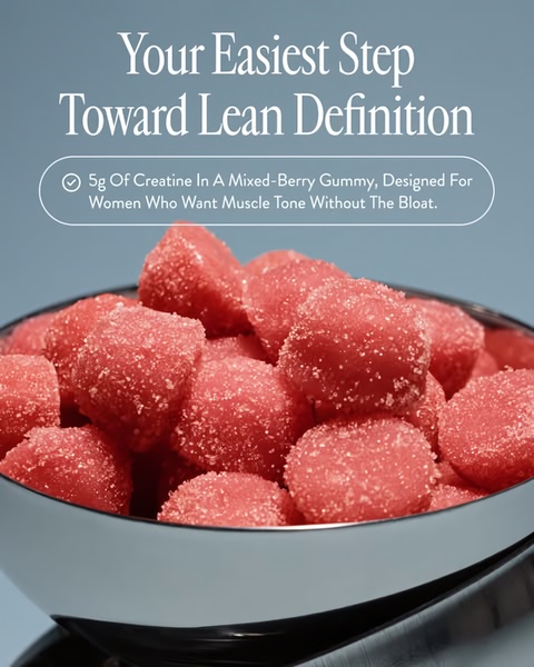 A high-clarity, minimalist product shot of creatine gummies in a bowl, featuring a direct benefit headline and sub-headline regarding lean muscle tone.